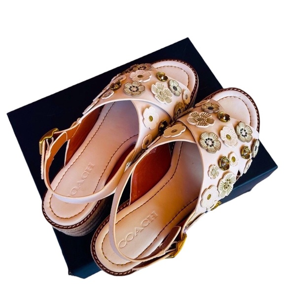 Coach Metallic white espadrille platform sandals with metallic flower studs. - Picture 5 of 11